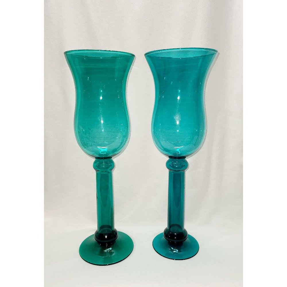 Tall blown glass teal candle holders 14.75"